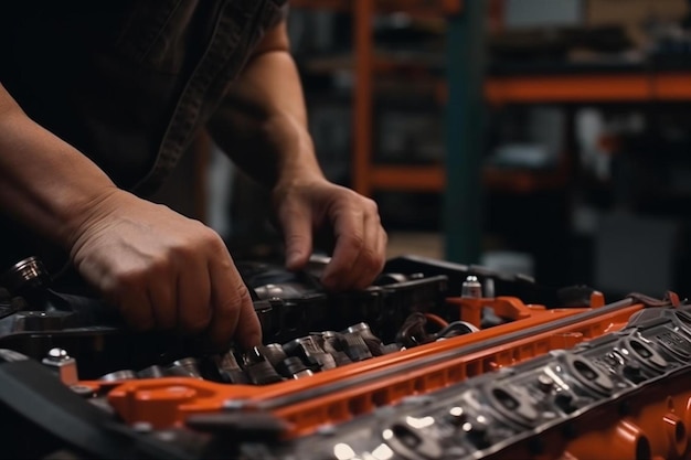 hand with tool on car engine during inspection or maintenance in a workshop