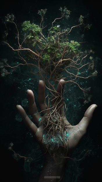 A hand with a tree growing out of it