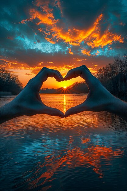 Foto la mano di una donna nella forma di un cuore di un bellissimo tramonto sulla spiaggia