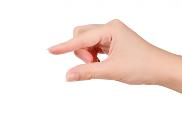 Hand of woman hold something isolated on white.