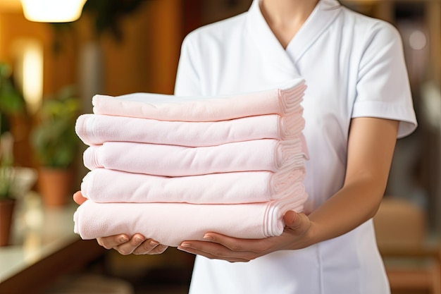 Hand Woman Hold stack laundry towel