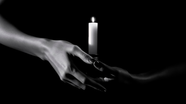 Hand of a woman holding candle on a black background