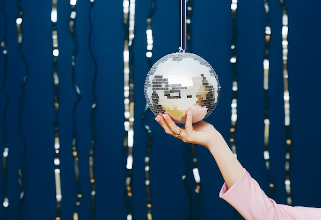 La mano di una donna che tiene una palla da discoteca sullo sfondo di nastri