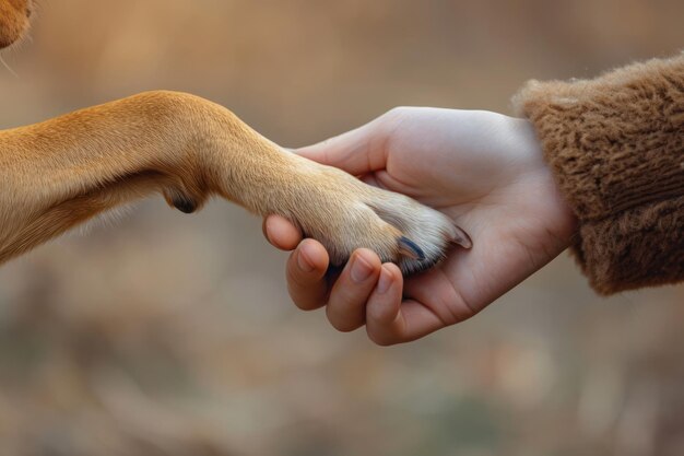 Hand of woman holding dogs paw womans hand