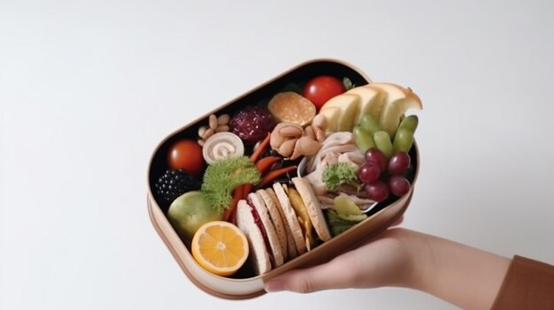 Hand of woman holding lunch box with healthy food Generative AI