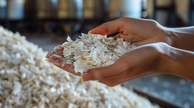 Photo hand of a woman holding semidull plastic pet polyester chips that can be transformed at an enterprise used for weaving cloth and space generative ai