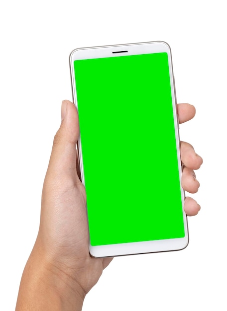 Hand woman holding smartphone with blank screen isolated on white background with clipping path