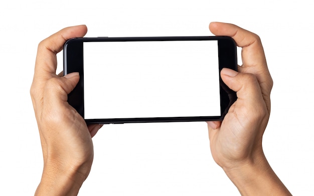 Hand woman holding smartphone with blank screen isolated on white background