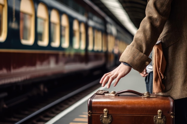 Hand woman holding suitcase traveling waiting train on the platform generative ai