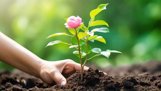 Hand of woman planting rose flower in the soil