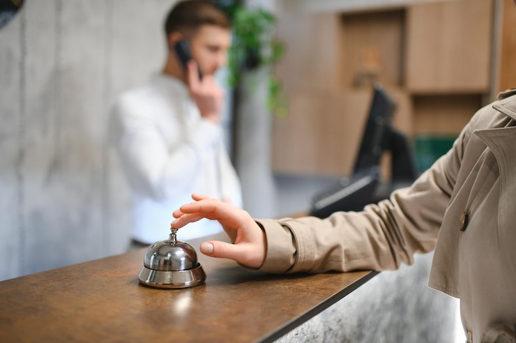 Photo hand of a woman using a hotel bell