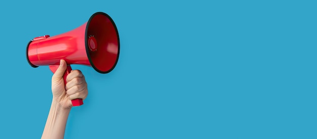 Hand of a woman with a red megaphone on a blue background with copy space