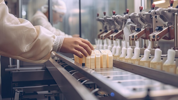 Photo hand of worker in gloves checking products on production line generative ai