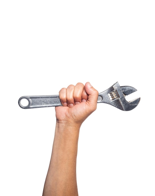 Photo hand of a worker with a wrench on a white background symbol of labor day