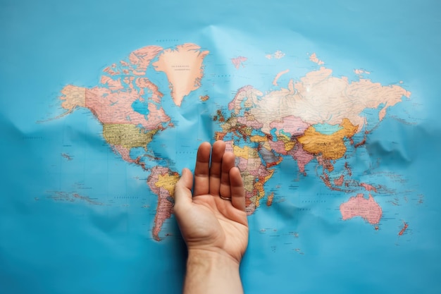 Hand and world map isolated on blue background concept of choosing travel destination ai