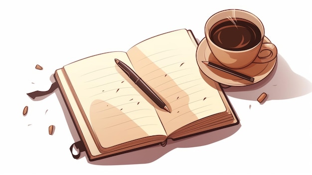 Hand writing on book with coffee and phone cartoon vector icon illustration people education icon