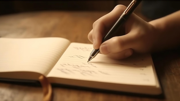 A hand writing in a notebook with a pen.