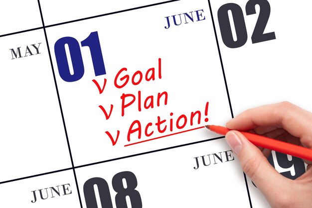 Hand writing text GOAL PLAN ACTION on calendar date June 1 Motivation for a new day Business concept