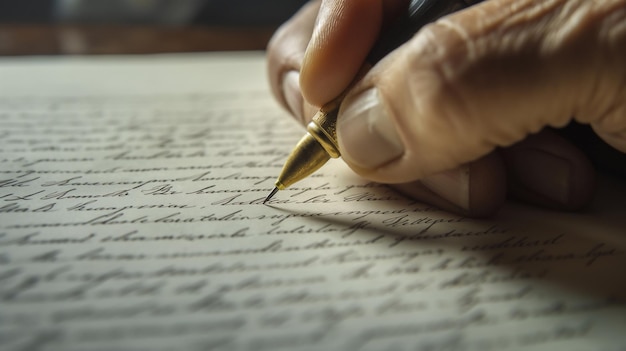 伝統的な手紙と文学の概念を紙の上にペンで手書きする