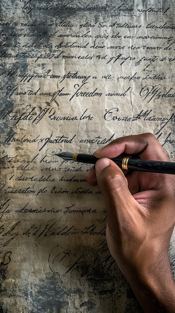 Hand writing with a gold fountain pen on aged paper with historical text