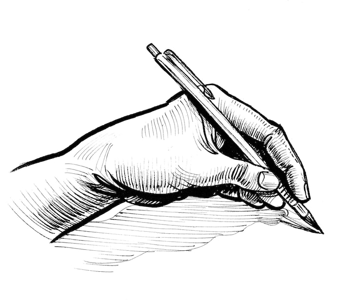 Photo hand writing with a pen. ink black and white drawing