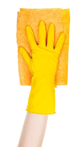 Hand in yellow glove holds wet flat rag isolated