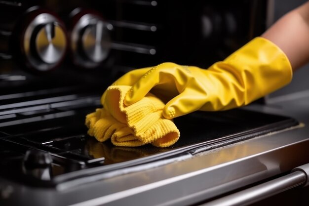 A hand in a yellow glove washes stains electric stove in the kitchen generative ai