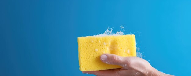 A hand in a yellow rubber glove holding a cleaning sponge and wiping soapy foam on a blue background representing cleaning and hygiene services