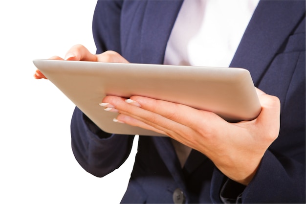 Hand young woman holding and showing tablet PC,