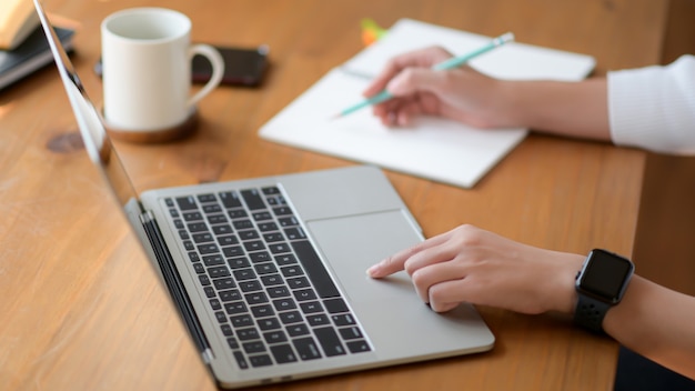 The hand of a young woman using a laptop and writing a report, She works from home.