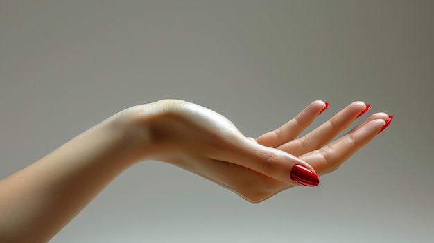 Hand of a young woman with a red manicure and fanned fingers holding something on a white background