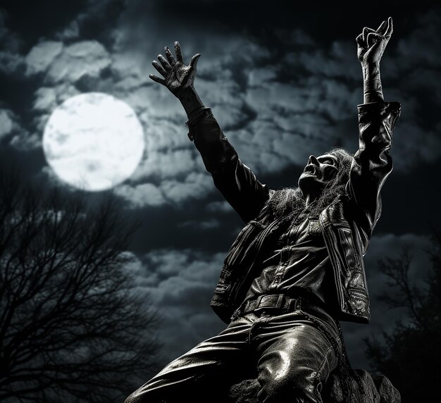 Foto la mano di uno zombie che raggiunge la luna nel cimitero.