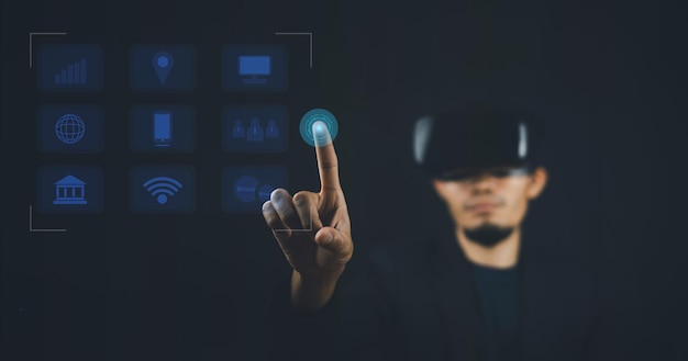 Handaanraking op visueel scherm 3D-gegevenstoepassingstechnologie en VR-bril op metaverse AI-besturing