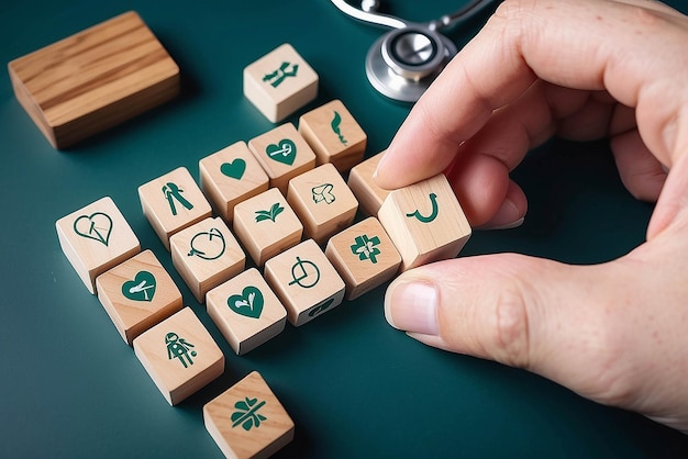 Handarrangement houten blok met gezondheidszorg medische icoon Gezondheidsverzekering concept