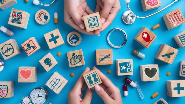 Handarranging wood block with healthcare medical icons Health insurance