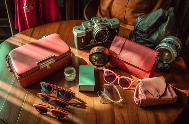 Handbag and accessories on top of wooden table with generative ai