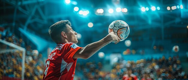 Photo handball player in action shooting at the goal