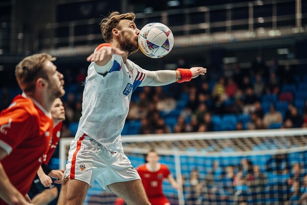 Photo handball player in action shooting at the goal