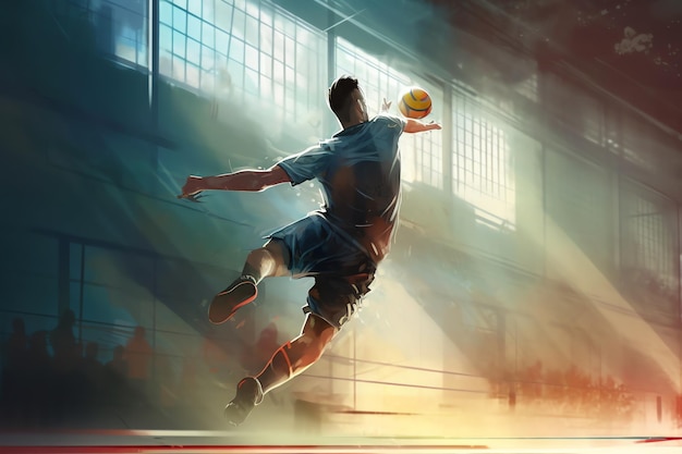 A handball player leaping to score a goal