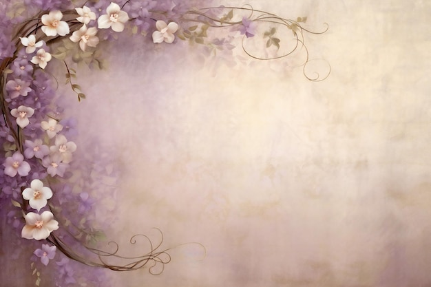 Handbeschilderde canvas achtergrond in zacht paars en crèmes met bloemen over een wijnstok die veel omhoog kruipt