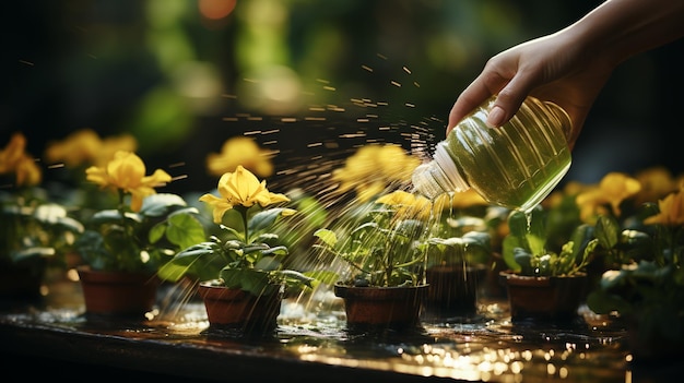 Handbesproeide bloemen met schoon water Generative Ai