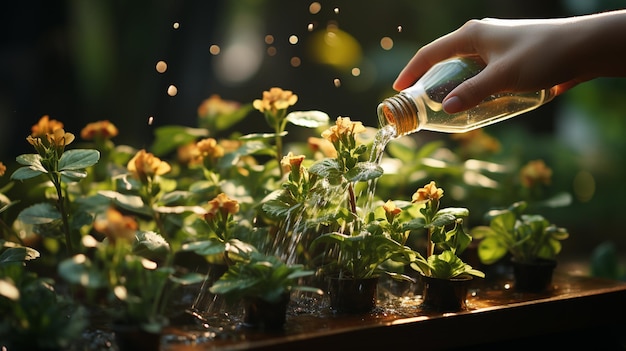 Handbesproeide bloemen met schoon water Generative Ai