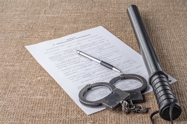Handboeien een pen en een blanco vel papier op tafel Spontaan bekentenis arrestatie verhoor