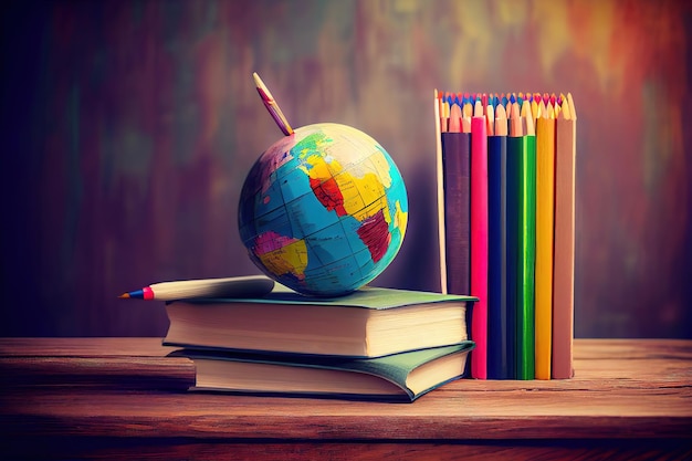 Handboeken wereldbol en potloden op een houten achtergrond Generatieve Ai