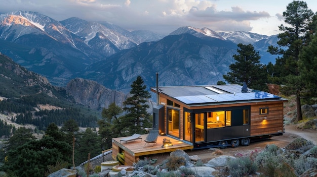 A handbuilt tiny house nestled in the mountains with solar panels integrated into the design for