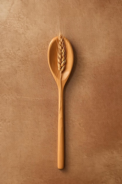 Handcarved wooden spoon with a unique design resting against a rustcolored surface