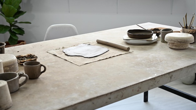 Handcraft workspace with pottery equipments on the table Handmade pottery workshop