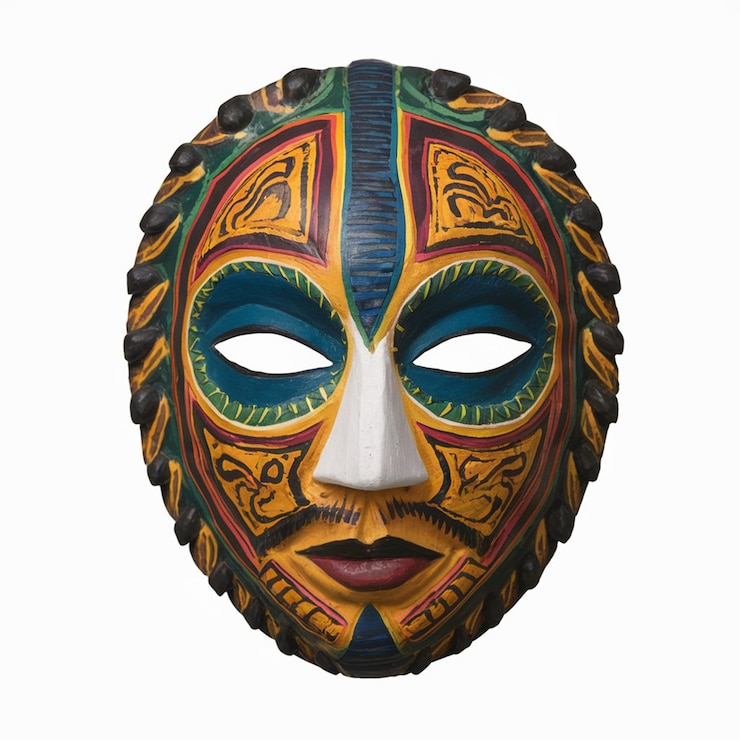 Photo handcrafted african tribal mask with vibrant colors isolated on white background