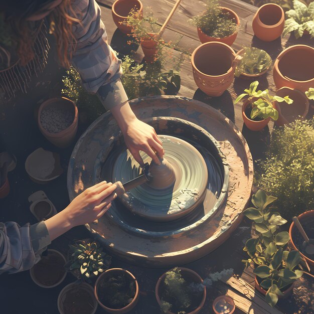 写真 太陽 の 光 に 照らさ れ て いる スタジオ で 手作り の 陶器