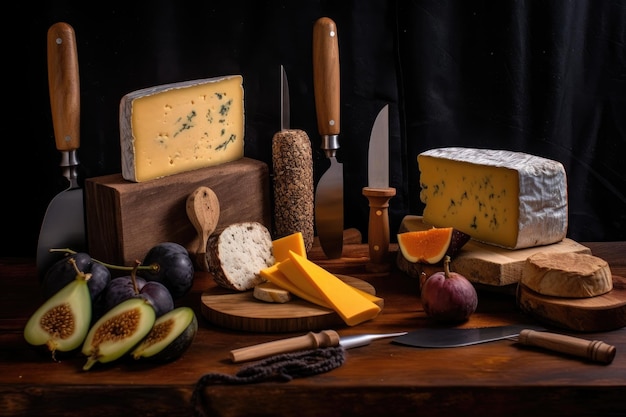 Handcrafted cheese with vintage cheese knives created with generative ai